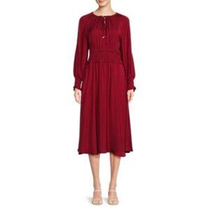 T Tahari Red Midi Dress XL Ruffle Smock Waist & Cuffs Pockets NWT 10014